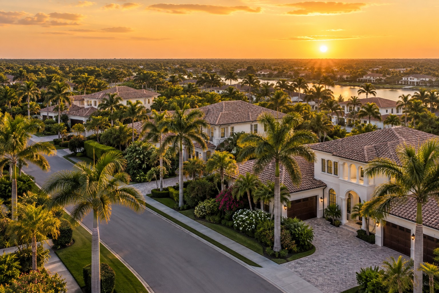 A Naples, Florida waterfront neighborhood at golden hour, illustrative