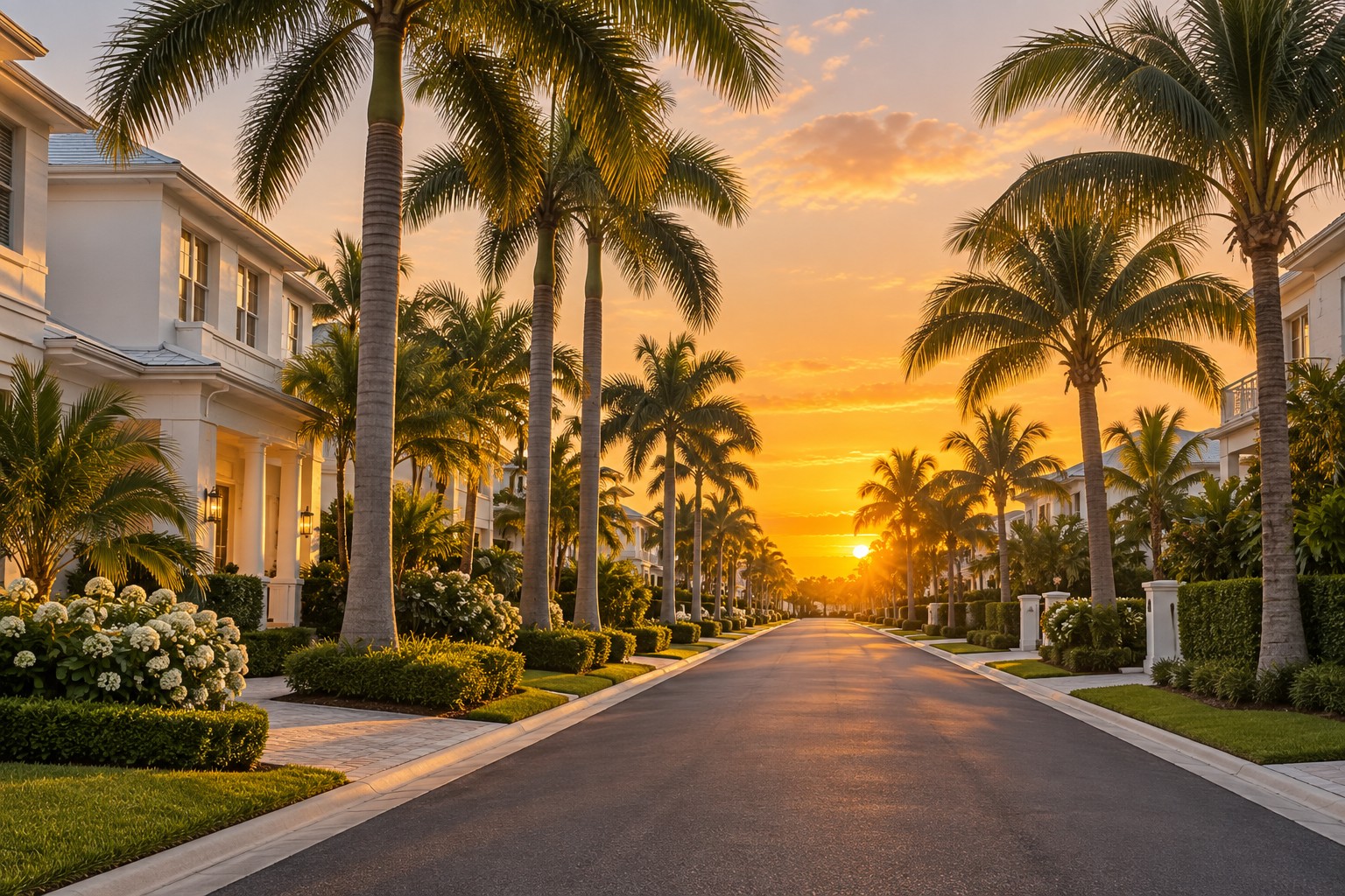 A Naples, Florida street at sunset, illustrative