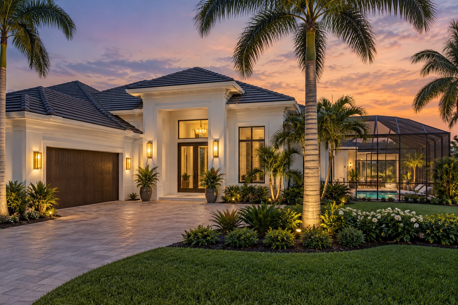 A Naples, Florida home exterior at dusk, illustrative