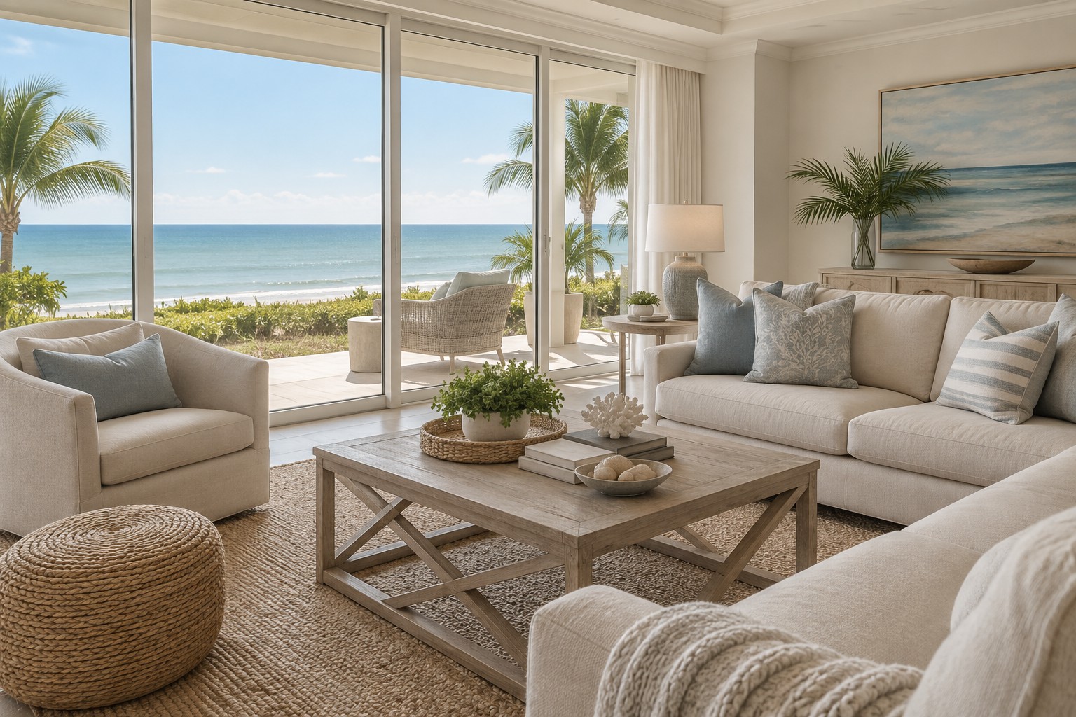 A cozy Naples, Florida living room, illustrative